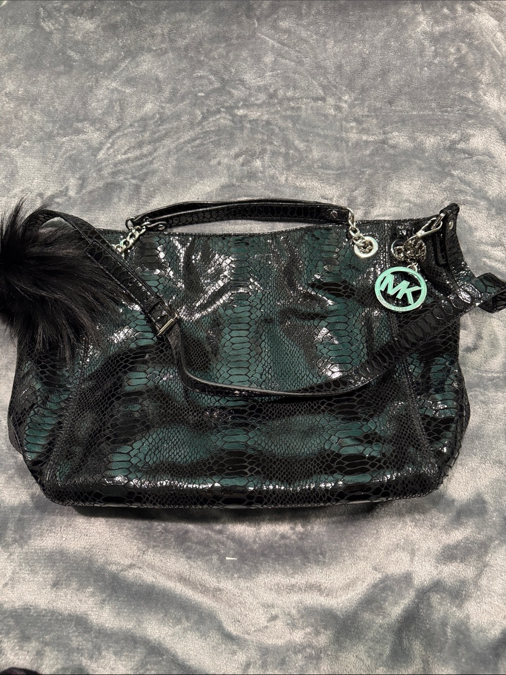 Like New! 💫 Michael Kors Black Patent Snake-Embossed Shoulder Bag with MK Charm
